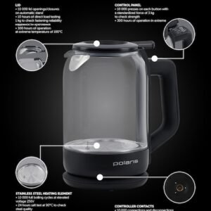 Polaris PWK 1712CGLD Smart Electric Kettle Wi-Fi Iq Home, Wi-Fi Remote Control, Pouring Water Without Opening The Lid, English Controller Strix, Bright Internal Lighting, Heat-Resistant Glass