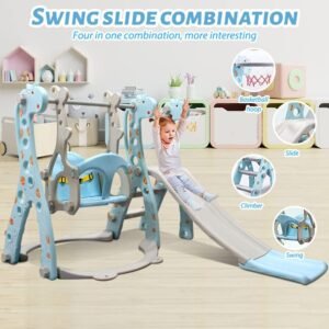 Masroo Toddler Slide and Swing Set 4 in 1 Kids Climber Slide Set with Basketball Hoop Toddler Swing Set for Indoor and Outdoors Playground Play Set